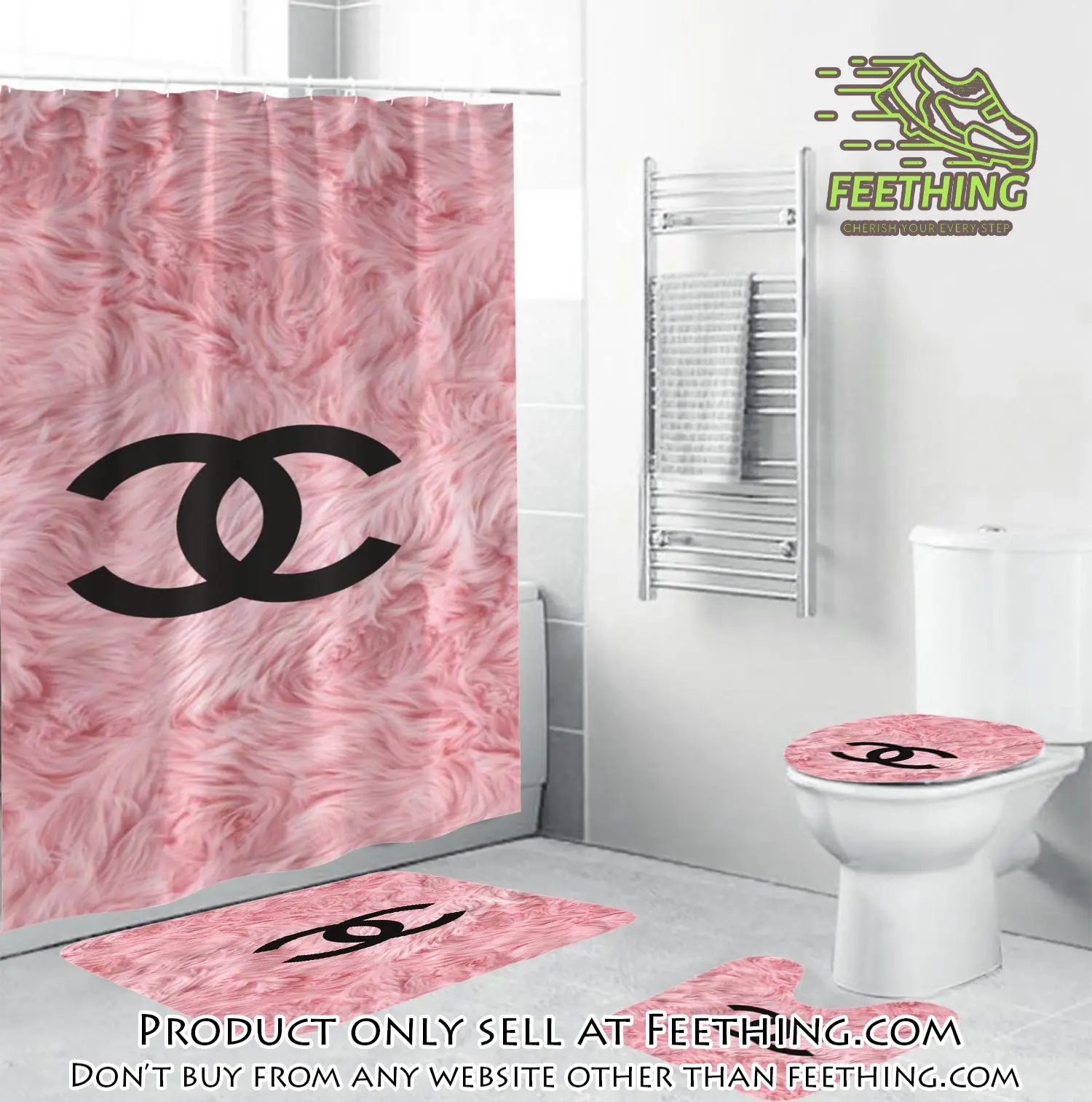 Coco chanel black logo in pink feather bathroom set shower curtain ft3257267